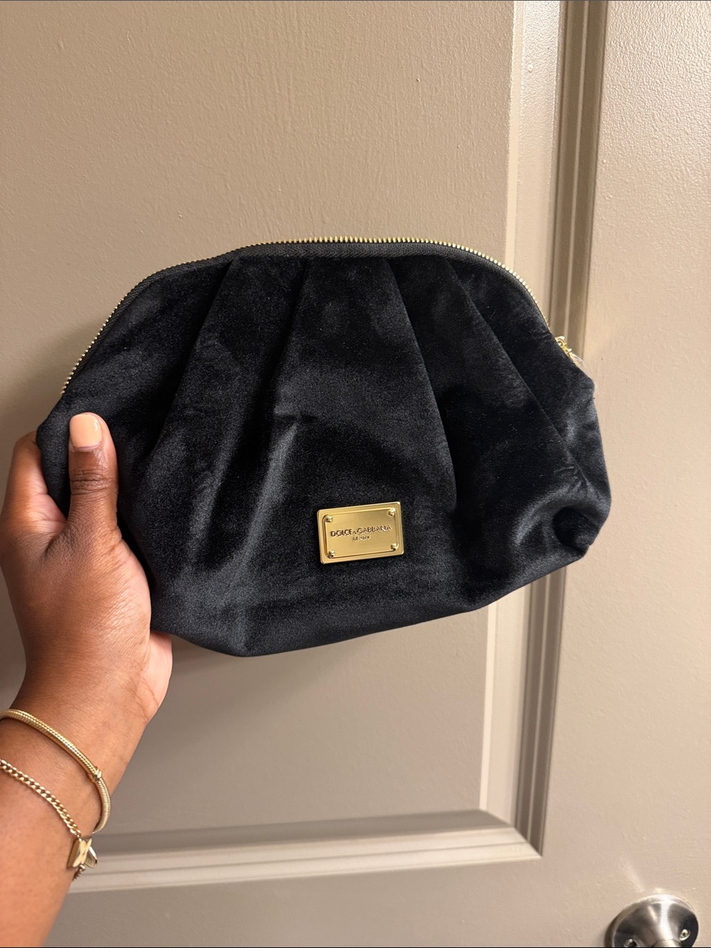 Dolce & Gabbana Black Velvet Cosmetic Clutch with Gold Plaque